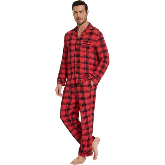 WiWi Men's Viscose from Bamboo Pajama Set Long Sleeve Sleepwear Button Down Pajamas Sets Soft Knit Pjs S-XXL, Red Plaid, Small