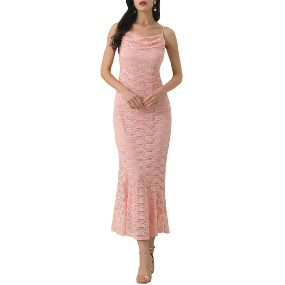 DARING DIVA Lace Maxi Cowl Neck Spaghetti Strap Cocktail Dress XL Pink