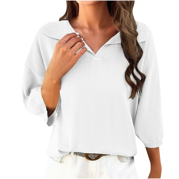 Pisexur Womens Tops Long Sleeve Turndown Collar Tee Tops Casual Stylish Solid Color Dressy Formal Shirts Summer Loose Fit Basic V Neck Tshirts Versatile Fashion Going Out Tops Blouses
