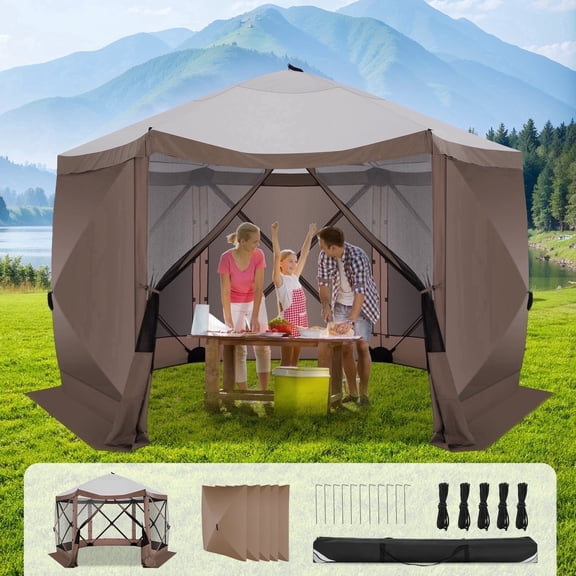 SANOPY 12x12ft Outdoor Gazebo Screen Tent, Pop up Gazebo Camping Gazebo Canopy Tent with 6 Sided Mosquito Netting Instant Gazebo Canopy Tent, Brown