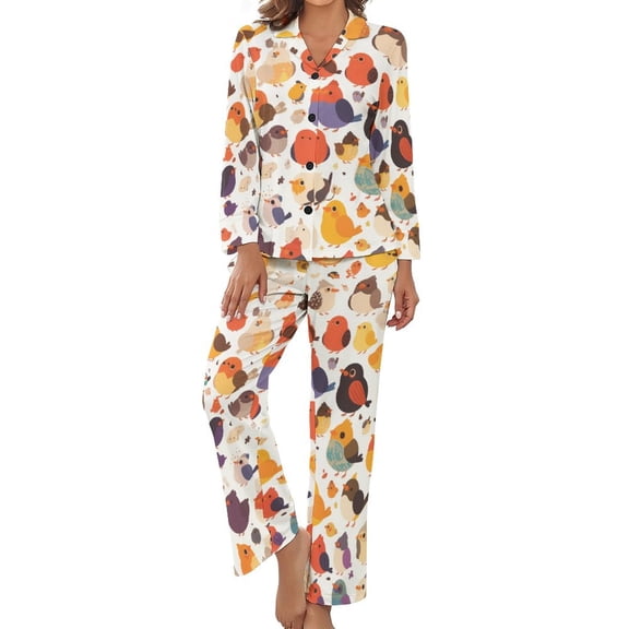 Cute Bird Cartoon Women's Long Sleeve Flannel Pajama Set Sleepwear L