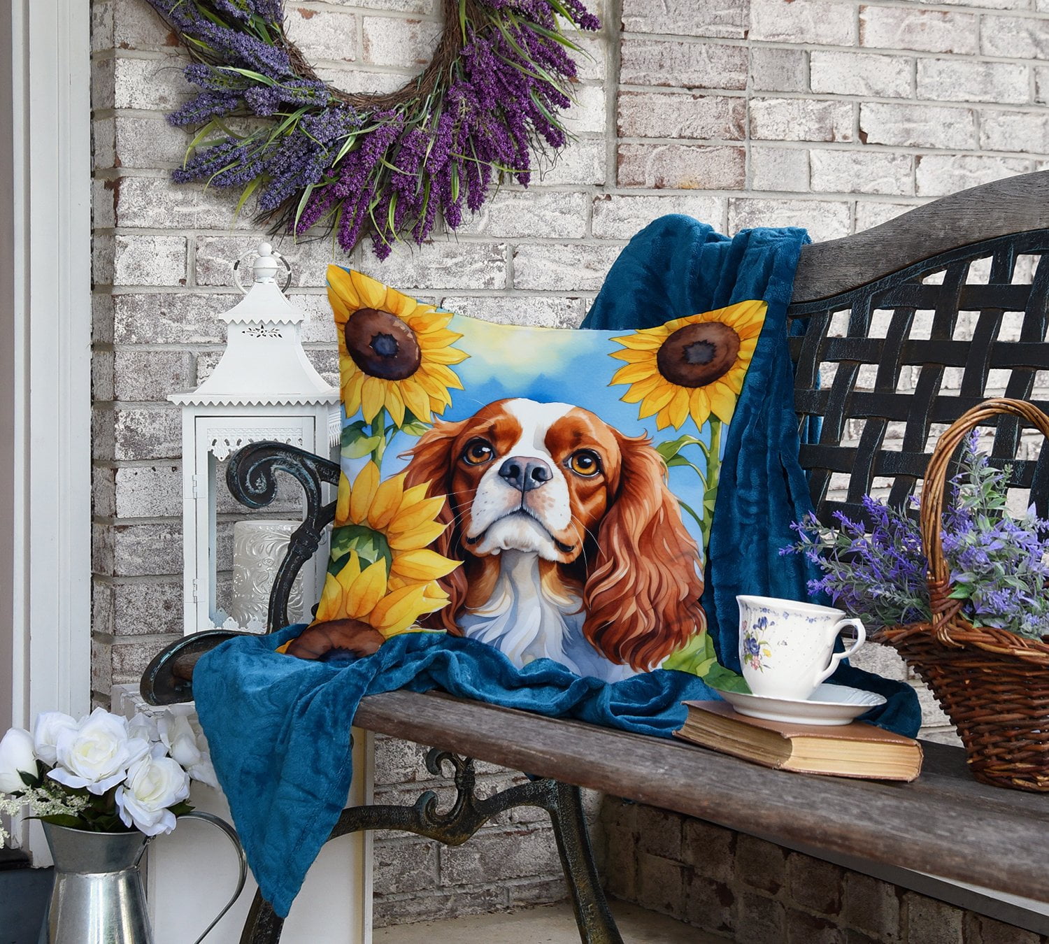 Cavalier Spaniel in Sunflowers Throw Pillow 18 in x 18 in