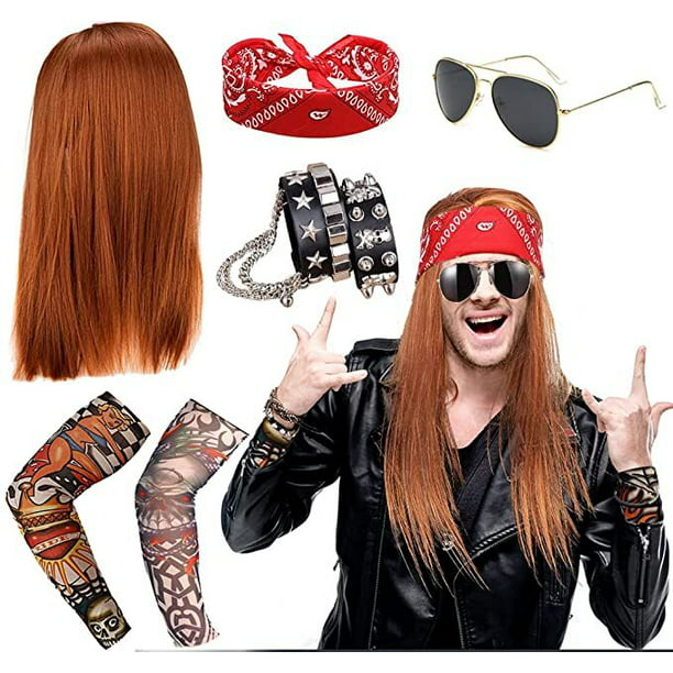 AOWEE Fancy Dress 70s 80s Heavy Metal Disco Costume Accessories, Polished Cross Necklace Long Curly Hat Sunglasses Wig Black Rocker Costume - Walmart.com