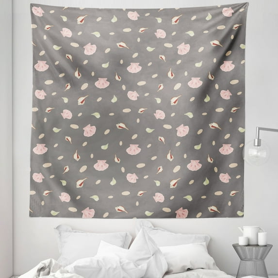 Pink and Grey Tapestry, Nautical Sea Shells Pearl Exotic Shellfish Hidden Beauty Illustration, Fabric Wall Hanging Decor for Bedroom Living Room Dorm, 5 Sizes, Dimgray and Blush, by Ambesonne