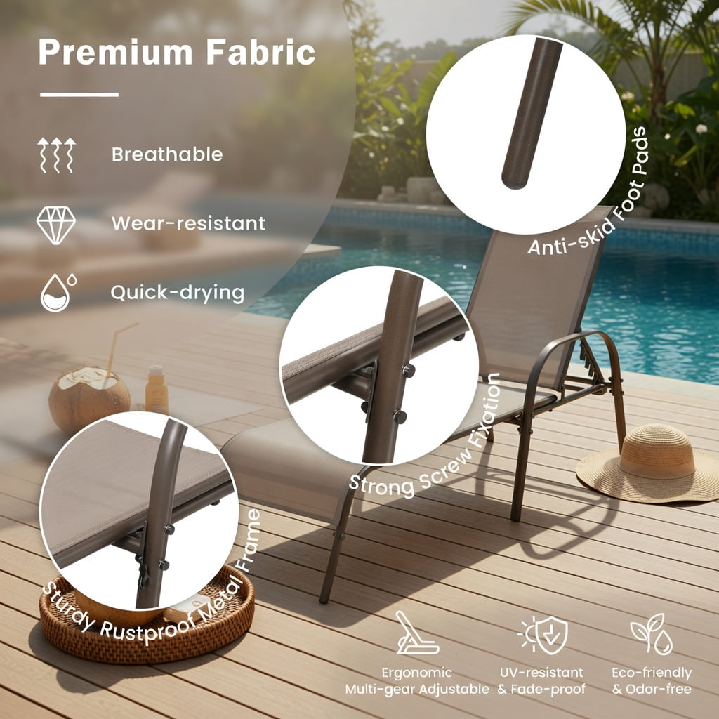 Hommoo 2-Pack Adjustable Outdoor Chaise Lounge Chairs, Breathable Sun-Resistant Fabric, Heavy-Duty Steel Frame, 5-Position Reclining Backrest for Patio, Poolside & Backyard, Brown
