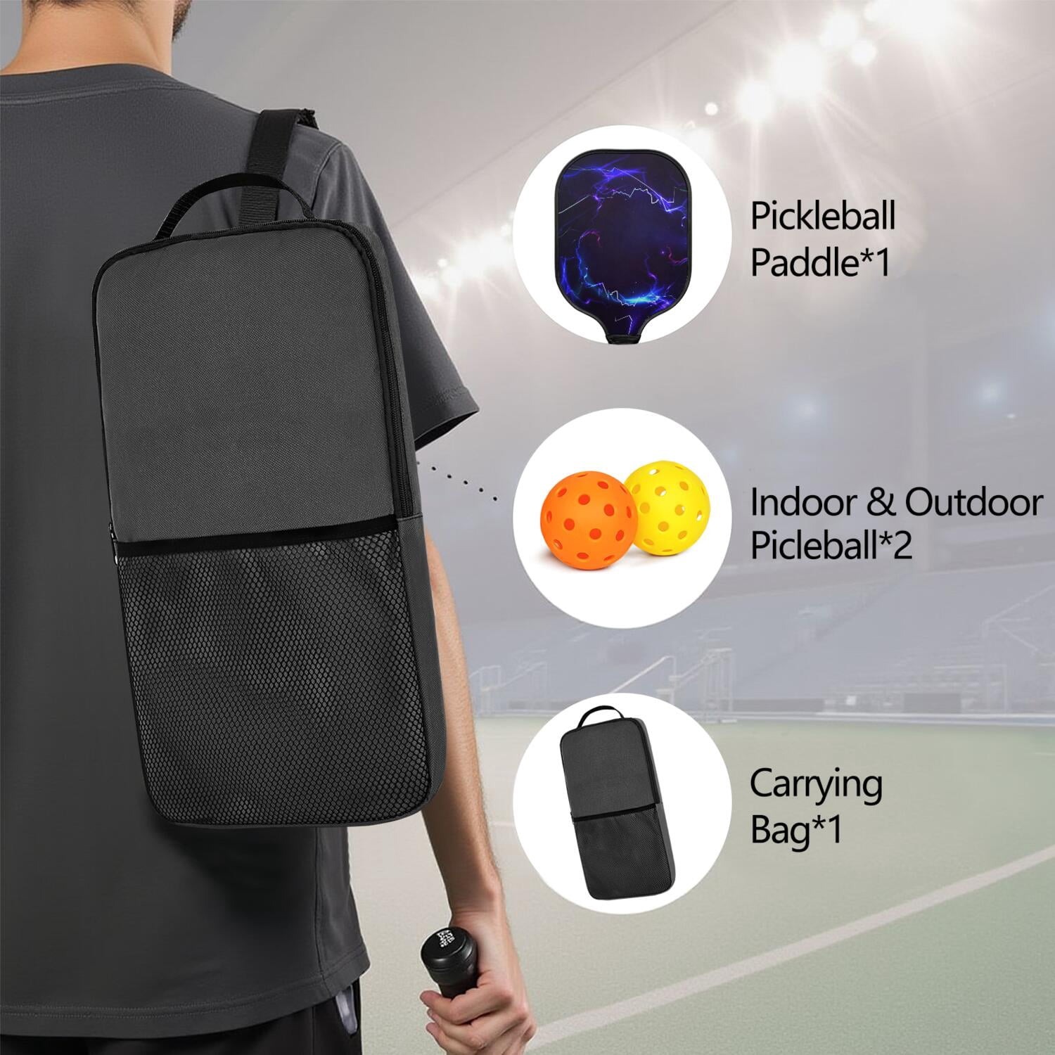 Pickleball Paddles Set Of 1, Fiberglass Surface, Speed, Lightning, Thunder Print, 1 Paddle, 2 Balls & Bag