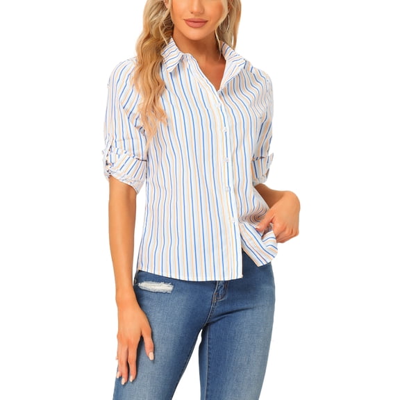 INSPIRE CHIC Women's Button Down Roll-up Long Sleeves Lapel Collar Shirts M Light Blue Orange