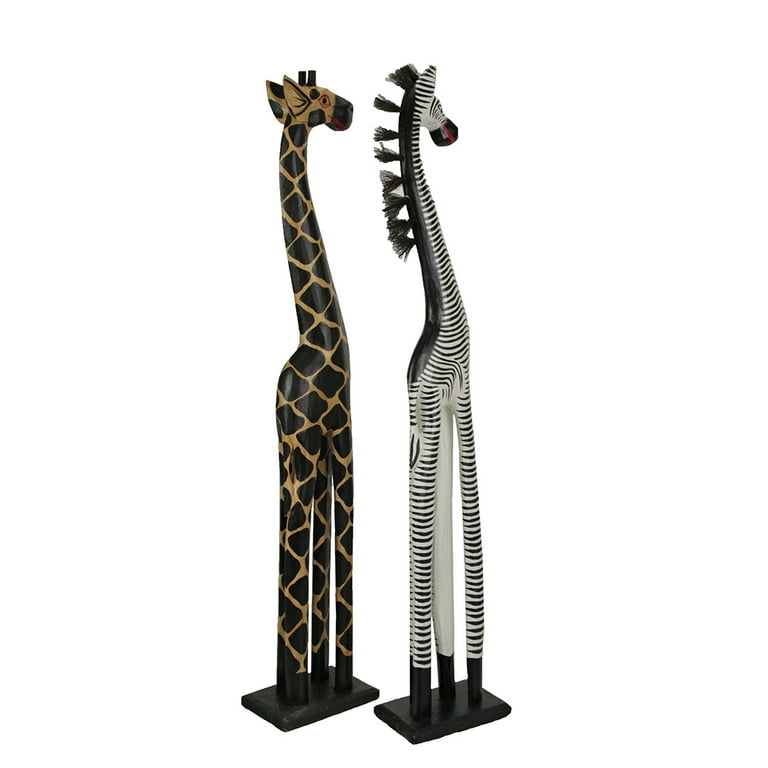 置物 GIRAFFE AND ZEBRA Zeckos Set of 2 Hand Carved and Painted 36 inch High Wood Giraffe