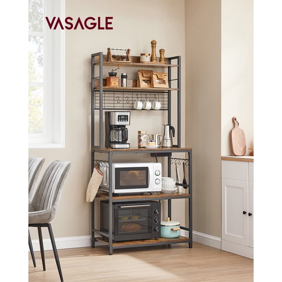 VASAGLE Bakers Rack with Power Outlet, Microwave Stand, Kitchen Tall Utility Storage Shelf, with Metal Wire Panel, 14 Hooks, 15.7 x 31.5 x 66.9 Inches, Rustic Brown and Ink Black