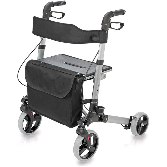 Andador con ruedas HealthSmart Walker con asiento y respaldo, altura de manija ajustable, compatible con FSA HSA, bolsa de almacenamiento extraíble y un marco liviano y duradero que se pliega y soport