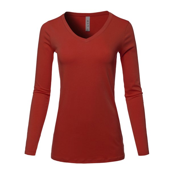 A2Y Women's Basic Solid Soft Cotton Long Sleeve Vneck Top Tshirt Dark