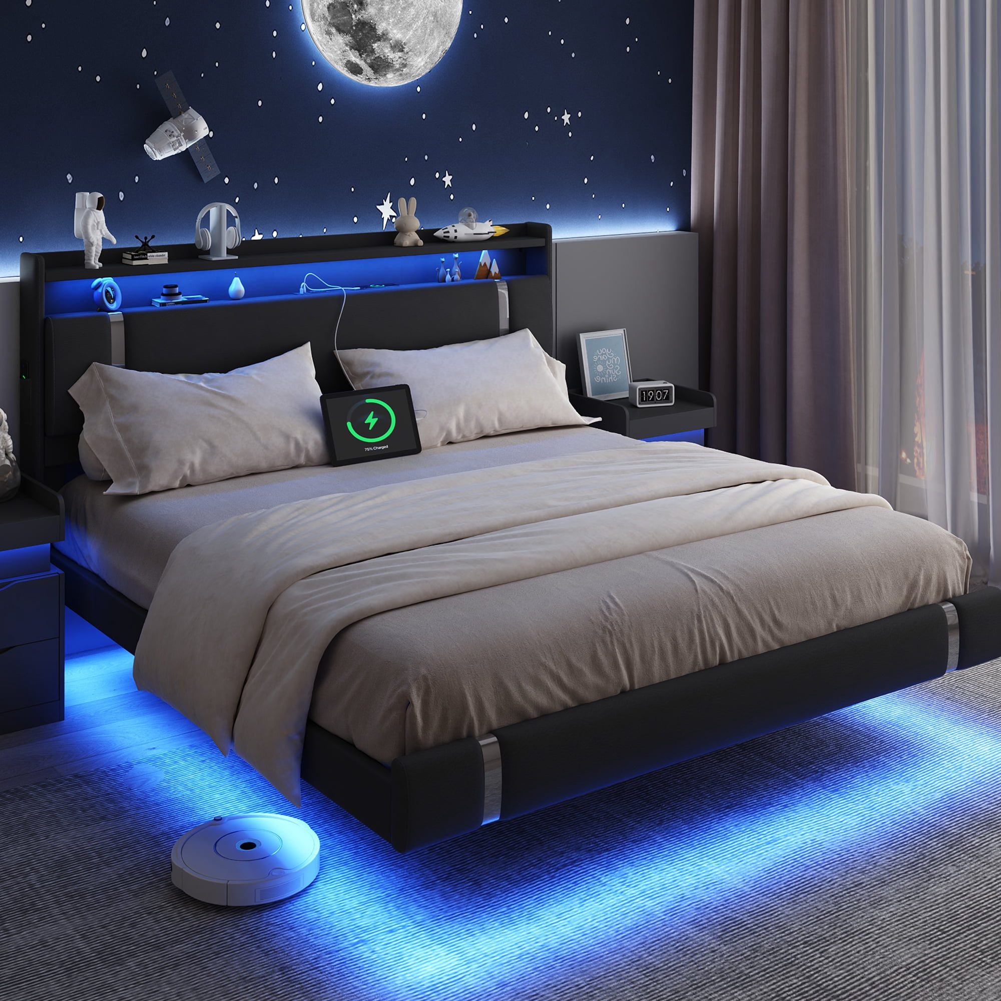 IDEALSOUL King Size Floating Bed Frame with Upholstered Storage Headboard, Metal Platform Bed with Charging Station & LED,No Box Spring Needed,Easy to Assemble (King,Black)