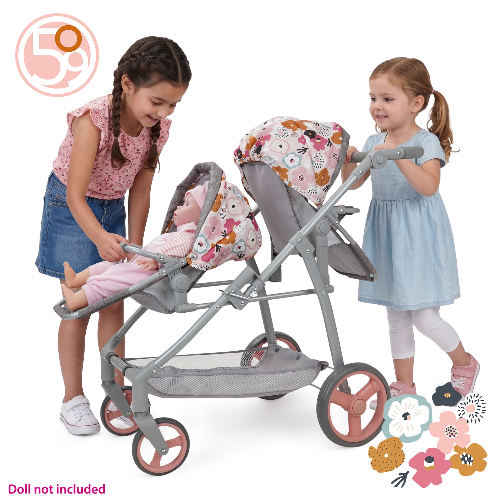 509 Crew: Melange Flora - Twin Doll Shopper Pram - Gray-Pink-Flower, Adjustable Stroller Seating Positions, Canopy-Basket, Doll Accessory Toy, Kids 3+