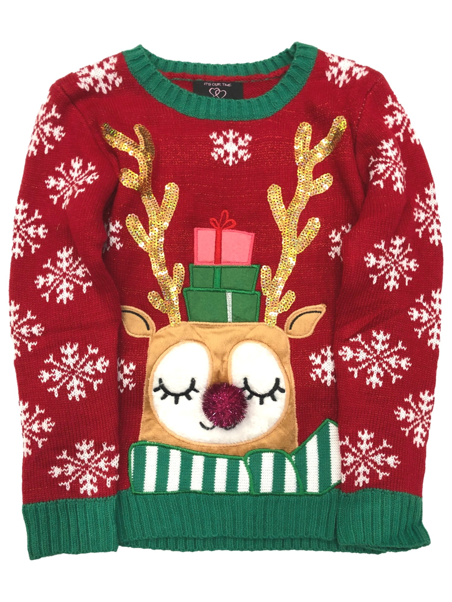 It's Our Time Girls Red Sequin Reindeer Elf Kids Xmas Holiday