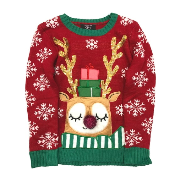 It's Our Time Girls Red Sequin Reindeer Holiday Christmas Sweater Small 6-6X