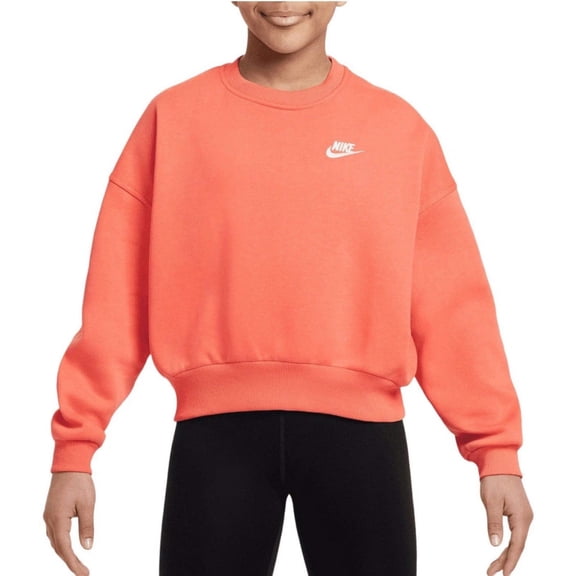 Nike Sportswear Club Sweatshirt Girls Orange Fleece Crew-Neck Pullover UPS838