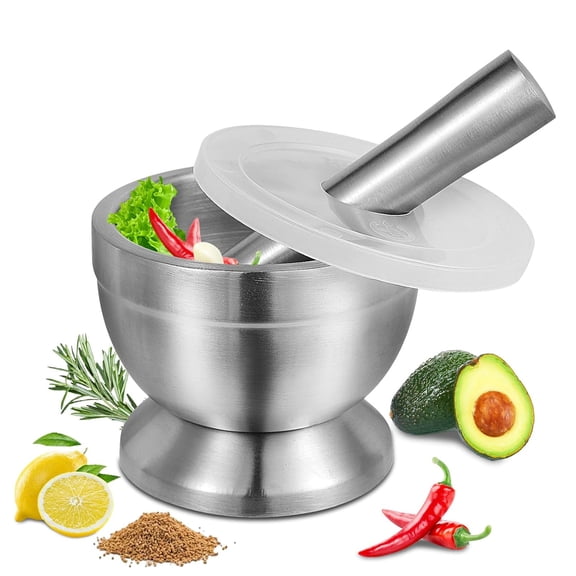 18/8 (304) Stainless Steel Mortar and Pestle Set,Mortar with Non-Slip Base for Spice Grinder, Herb Crusher, Pill Pesto Maker Kitchen, Easy to Clean