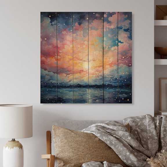 Designart "Colorful Sky Photo delicate Illusion I" Landscapes Print on Natural Pine Wood