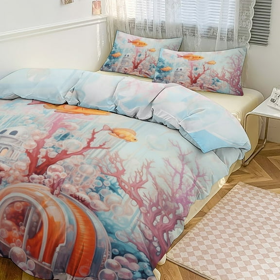 Duvet Cover Queen Size Underwater World Ship Coral 3 Pcs Duvet Cover Set Bedding Sets Queen Soft Breathable