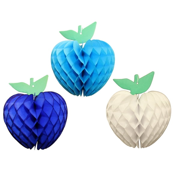 Devra Party 7 Inch Honeycomb Tissue Paper Apple Decoration, Set of 3, Turquoise / Dark Blue / White