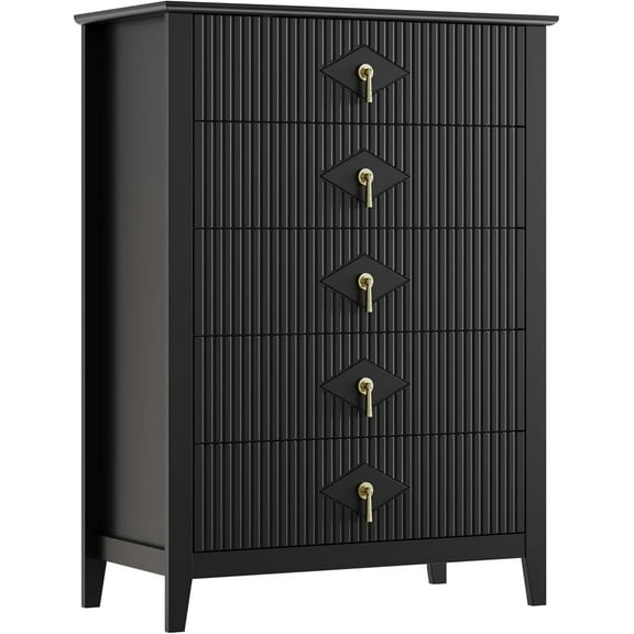 IDEALHOUSE Black 5 Drawers Dresser, Fluted Tall Storage Chest with Metal Handles, 42.9in Modern Organizer Drawers for Bedroom Living Room Entryway Hallway Storage