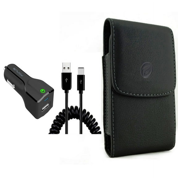 Case Belt Clip & Car Charger for iPhone 15 Pro - Leather Holster Cover Pouch and 18W Fast USB Port Coiled Cable Type-C Q1P for iPhone 15 Pro (6.1")