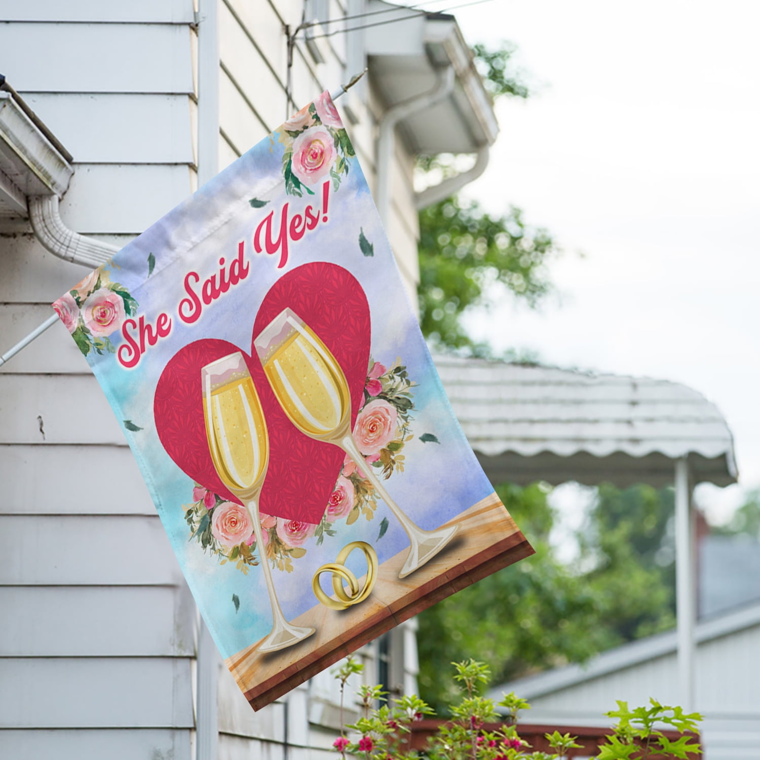 America Forever She Said Yes House Flag, 28 x 40 inch Double Sided, Engagement Celebration Banner, Wedding Rings Champagne Outdoor Decor, Bridal Announcement Yard Flag