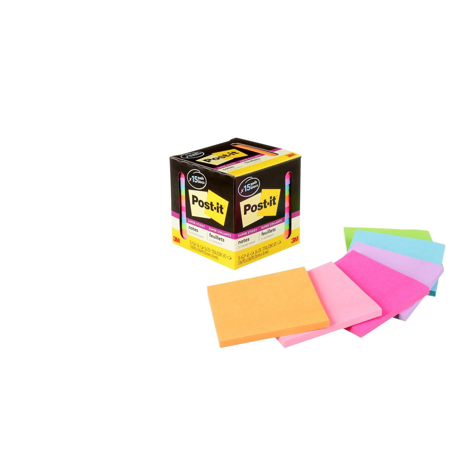 Post-it® Super Sticky Notes 654-15SSCP, Cabinet Pack, Assorted Colours, 3 in x 3 in (76 mm x 76 mm), Super Sticky Notes