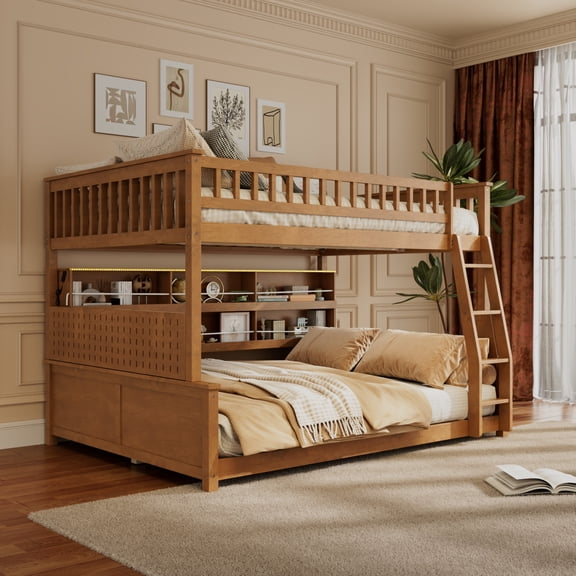 Full XL over Queen Bunk Bed with LED Lights and Storage Shelves, Convertible 2-in-1 Solid Wood Adult Bunk Bed with Angled Ladder and Full-Length Guardrails, Brown