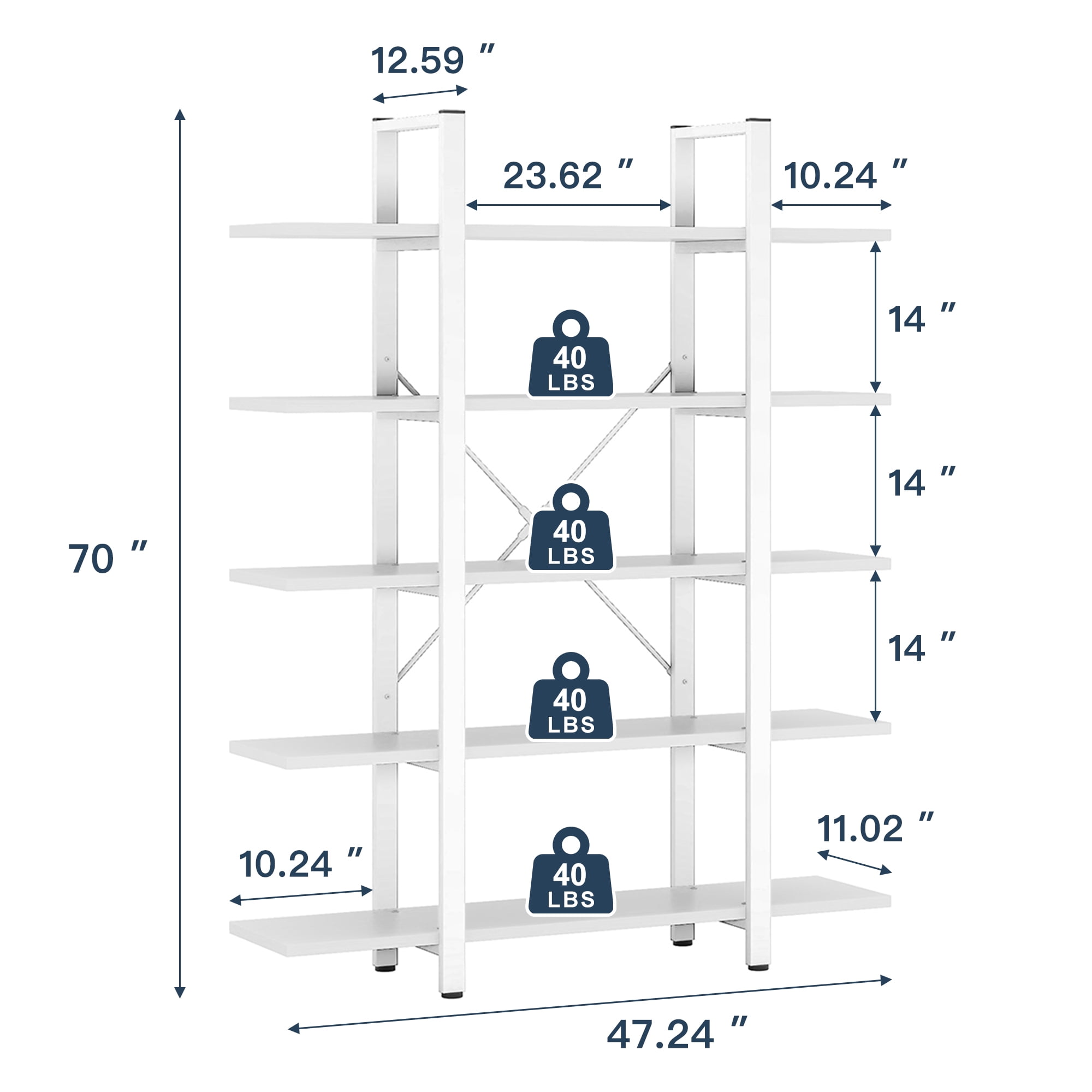 Demi Bonn 5 Tier Bookshelf, Bookshelves, Open Etagere Bookcase Shelf Storage Organizer, Free Standing Storage Shelving Unit for Bedroom, Living Room and Home Office, White