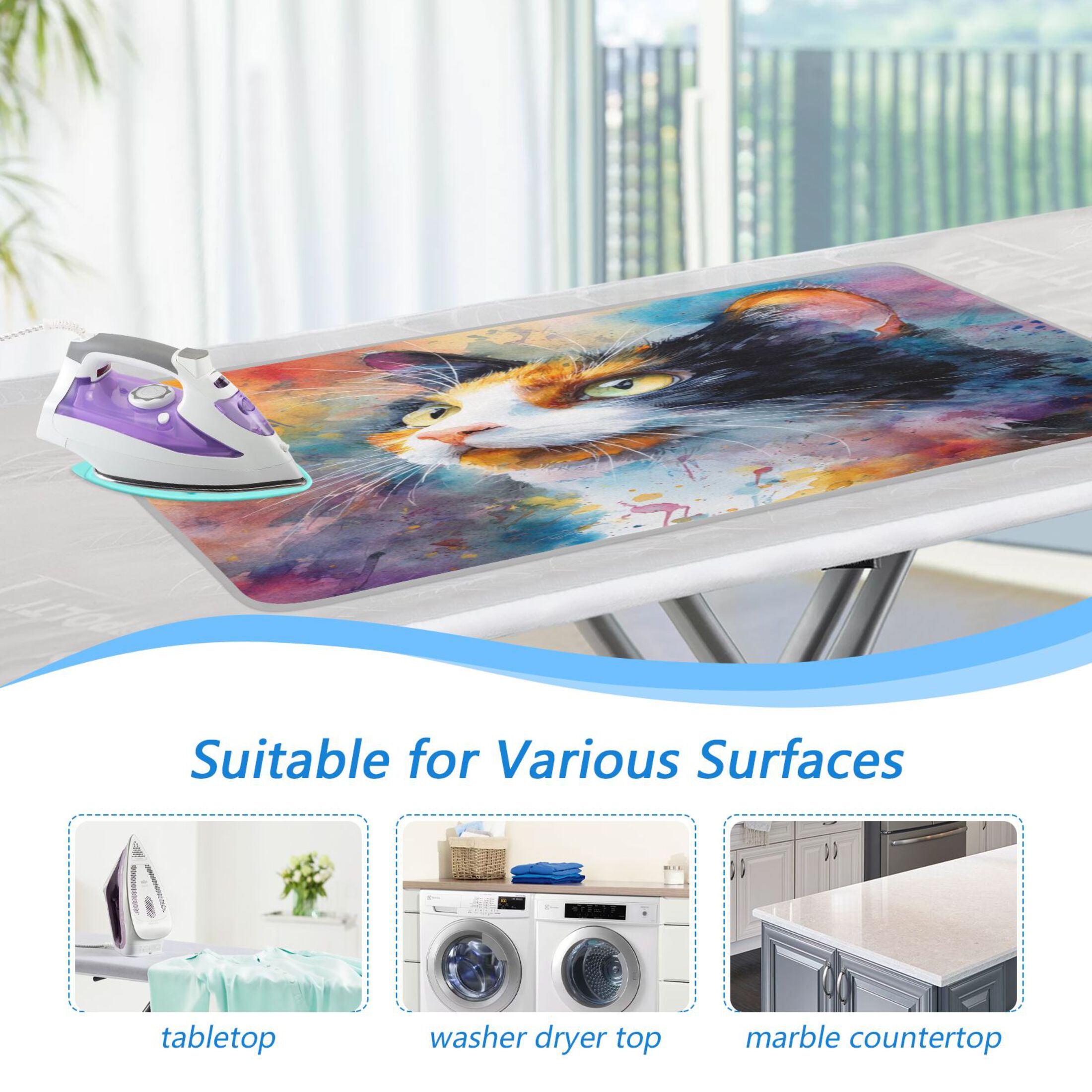 Ironing Mat Portable Ironing Blanket for Table Top Travel Ironing Pad for Washer Dryer 27.6" x 47.2" Watercolor Calico Cat