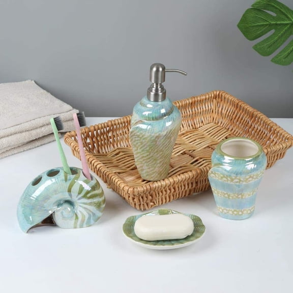 4-Piece Green Ceramic Bathroom Set - Ocean Conch Shell Soap Dispenser, Toothbrush Holder & Tumbler