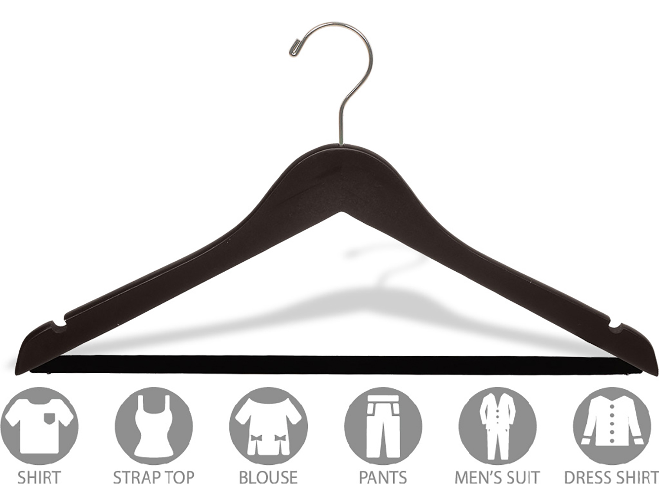 Wood Suit Hanger w/ Velvet Non Slip Bar, Box of 25, 17 Inch Flat Wooden Hangers w/ Espresso Finish & Brushed Chrome Hook & Notches for Shirt Dress or Pants by International Hanger