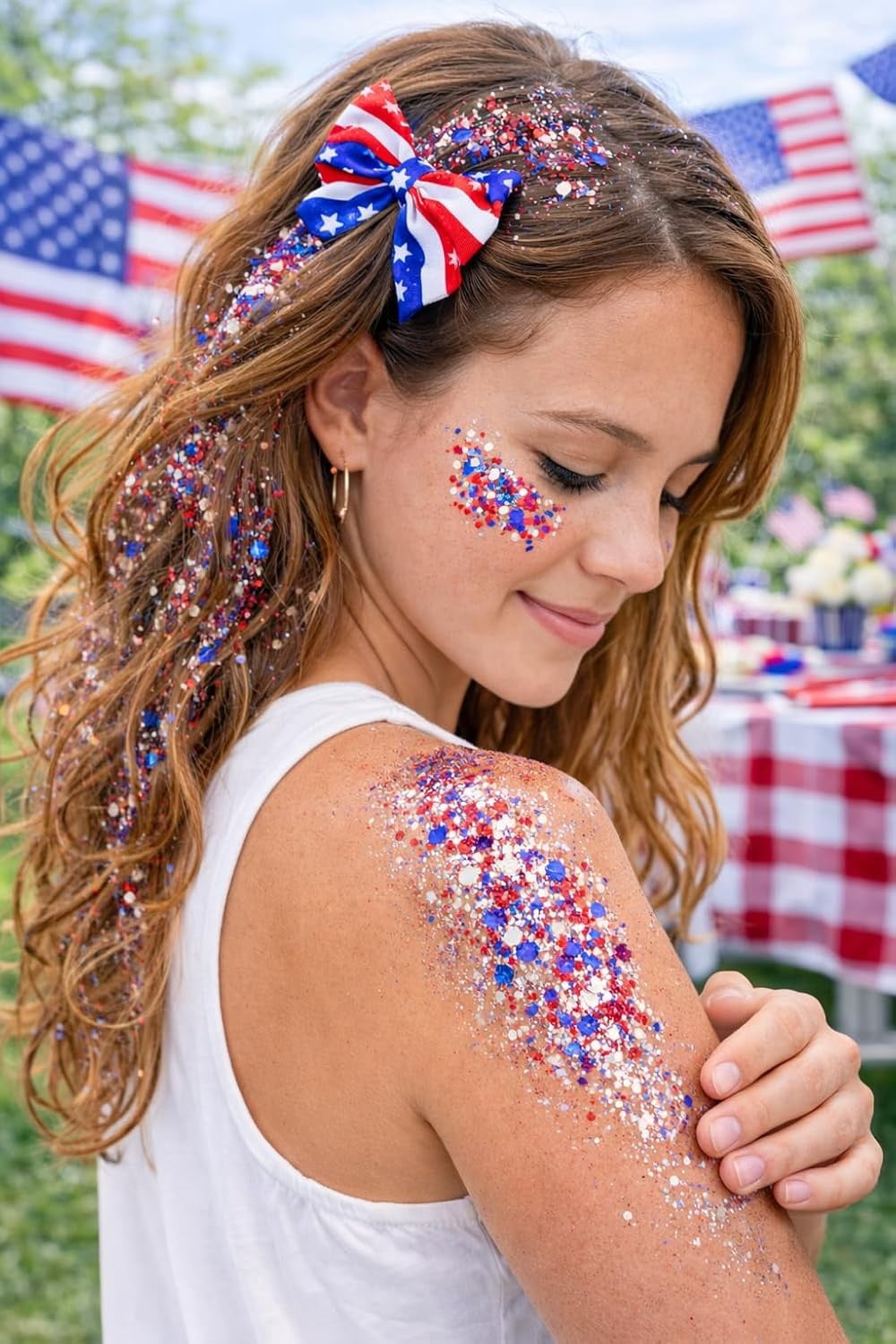 PiGOGI Red White and Blue Face Hair Glitter Stick,Patriotic USA Flag Star Face Glitter for Independence Day Memorial Day,4th of July Outfits for Women Kids,Fourth of July Accessories,0.56oz