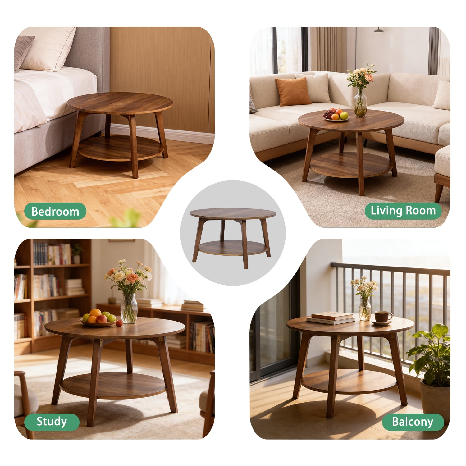 CL.HPAHKL Round Coffee Table, 31.5'' Wooden Circle Coffee Table with Storage, 2-Tier Center Table for Living Room, Apartment, Small Space, Brown