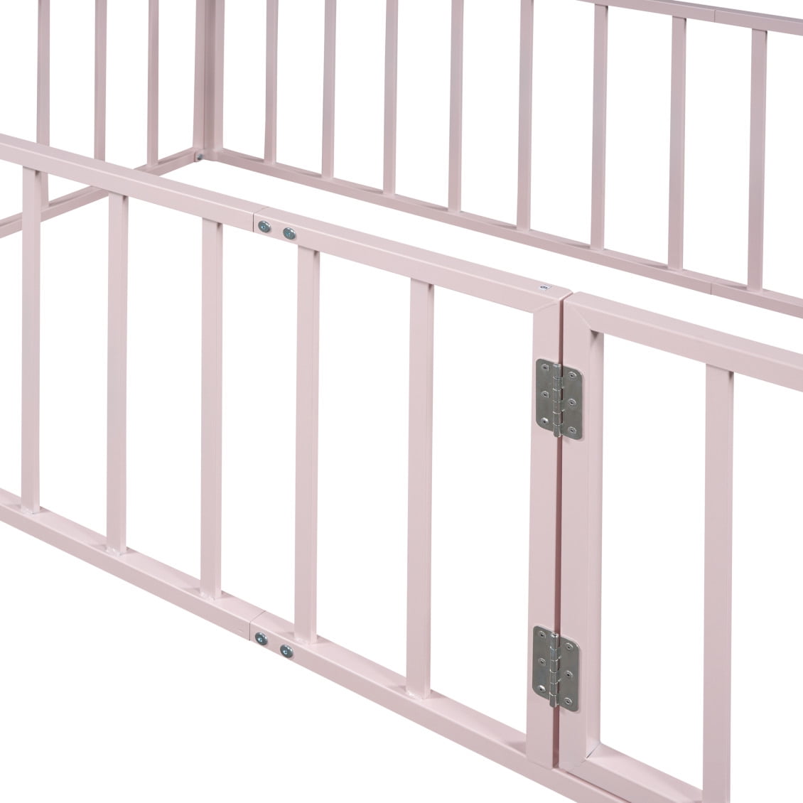 Twin Size Metal Floor Bed Frame with Fence and Door, Montessori Bedframe, No Box Spring Needed, Easy to Install, Pink