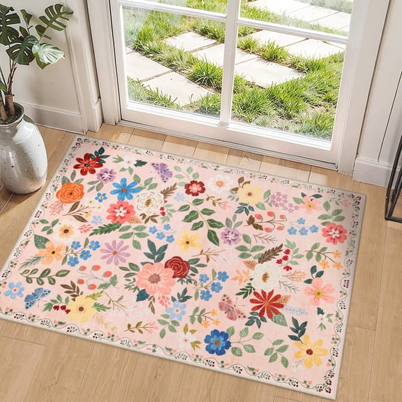 8x10 Area Rugs for Living Room: Floral Washable Rug Vintage Large Soft Boho Non-Slip Carpet Indoor Floor Stain Resistant Carpets for Bedroom Dining Room Farmhouse Nursery Home Office Dark Green