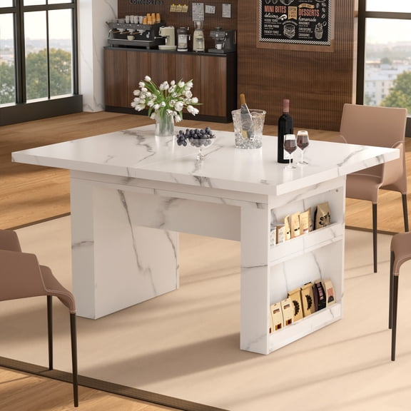 WARAYZ 63" Extendable Dining Table with Storage, Faux Marble Kitchen Table for 4-6, Space Saving
