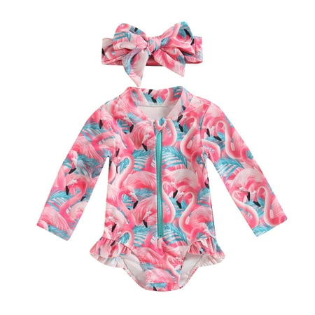 

Toddler Baby Girl One-Piece Swimsuit 6M 9M 12M 18M 24M Floral/Flamingo Print Zipper Long Sleeve Ruffled Swimwear Bathing Suit