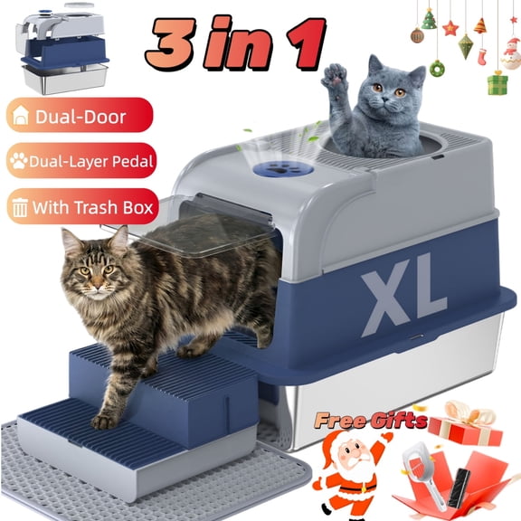 Dlopede 304 Stainless Steel Cat Litter Box with Lid, Easy Clean Top Entry Litter Box Extra Large Metal Cat Toilet