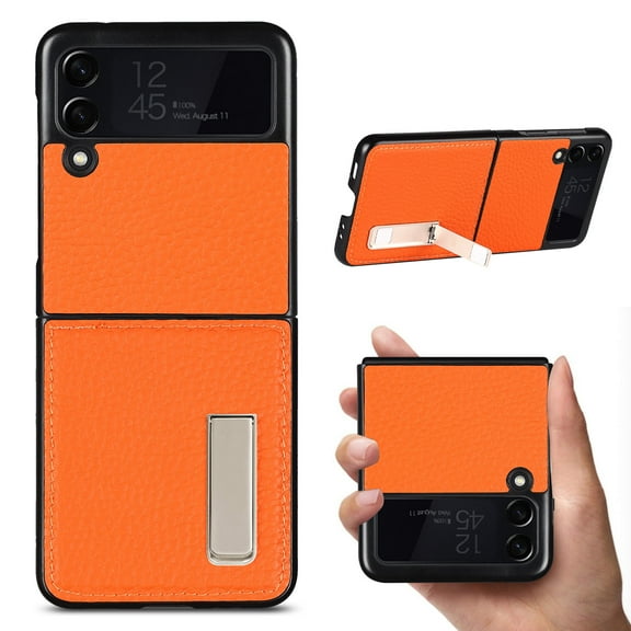 Allytech Galaxy Z Flip 3 Case with Stand, Premium Synthetic Leather Kickstand Slim Lightweight Shockproof Protective Case Cover for Samsung Galaxy Z Flip 3, Orange