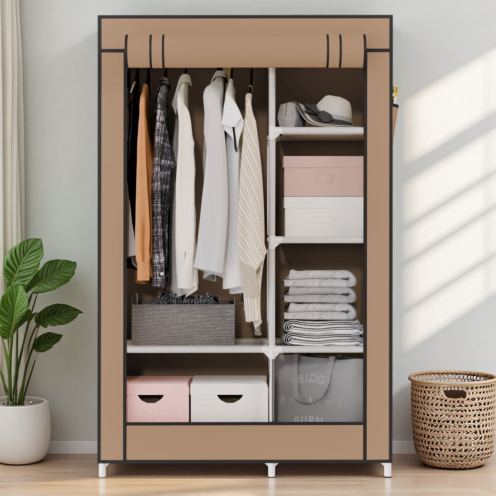 BAOKALER Ready-to-Use Coffee Brown Portable Closet: 6 Shelves, 1 Hanging Rod and 4 Side Pockets – Perfect for Bedrooms, Living Rooms, Cloakrooms, Garages, Dorms and Apartments