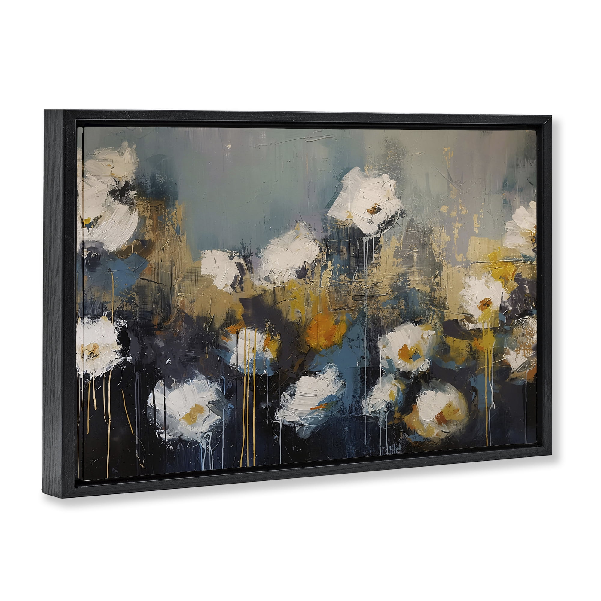 Stupell Industries Contemporary Paint Drip Blossoms Black Framed Floater Canvas Wall Art, design by Jacky Ngan