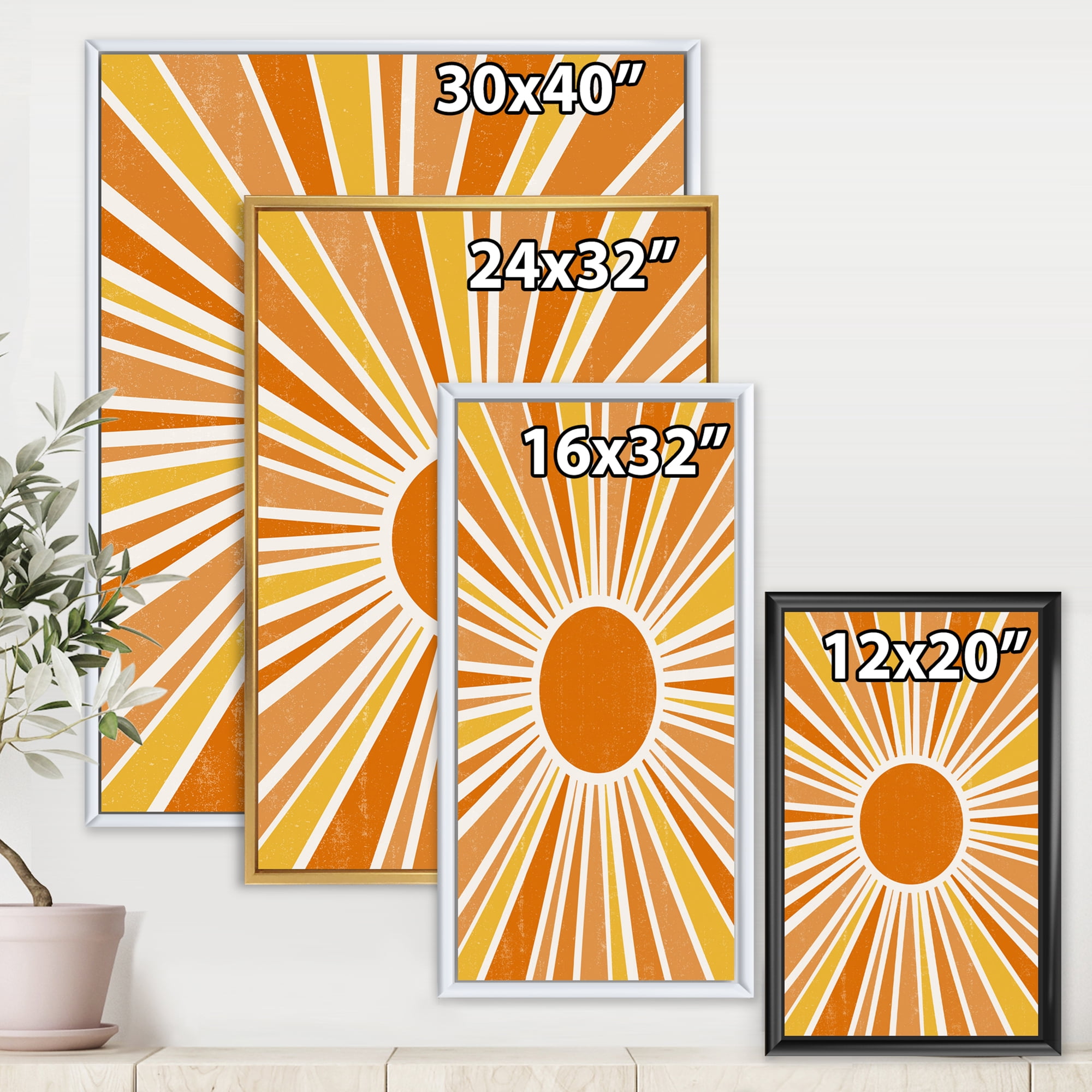Designart 'Minimal Bright Shining Orange Sun Rays I' Modern Framed Canvas Wall Art Print