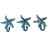 Starfish Cast Iron Wall Hooks Antique Blue Set of 3 for Coats Aprons Hats Towels Pot Holders