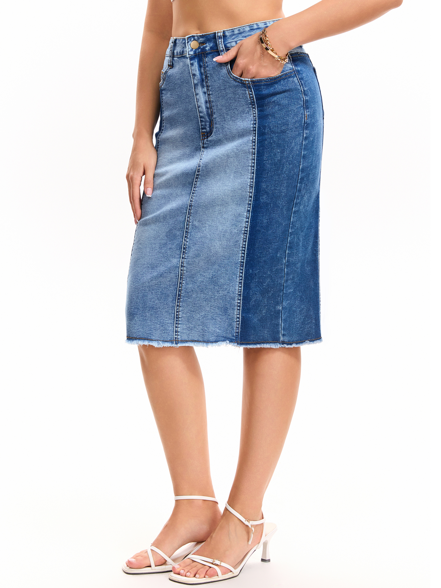 DARING DIVA Women's Jean Color Block Patchwork Slit Back Denim Skirt M Blue