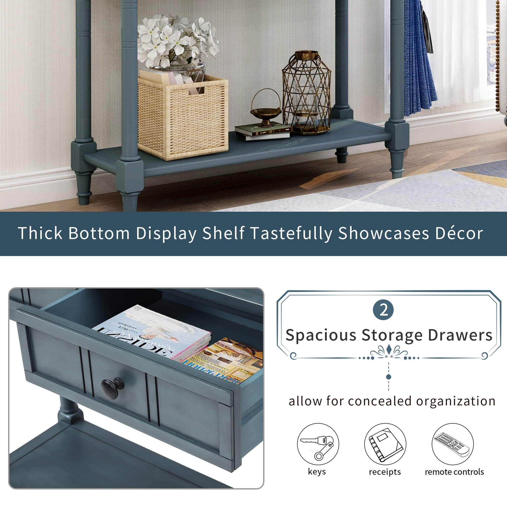 Retro Console Table with Drawers, Solid Wood Entryway Table for Living Room, Hallway, Vintage Accent Storage Sofa Table with Bottom Shelf