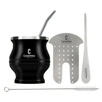 CUOPRU Yerba Mate Cup - 5 in 1 Mate Gourd Set Includes Double Walled Stainless Steel Tea Cup, Tea Shaper set, Bombilla Straws, Cleaning Brush(Black)