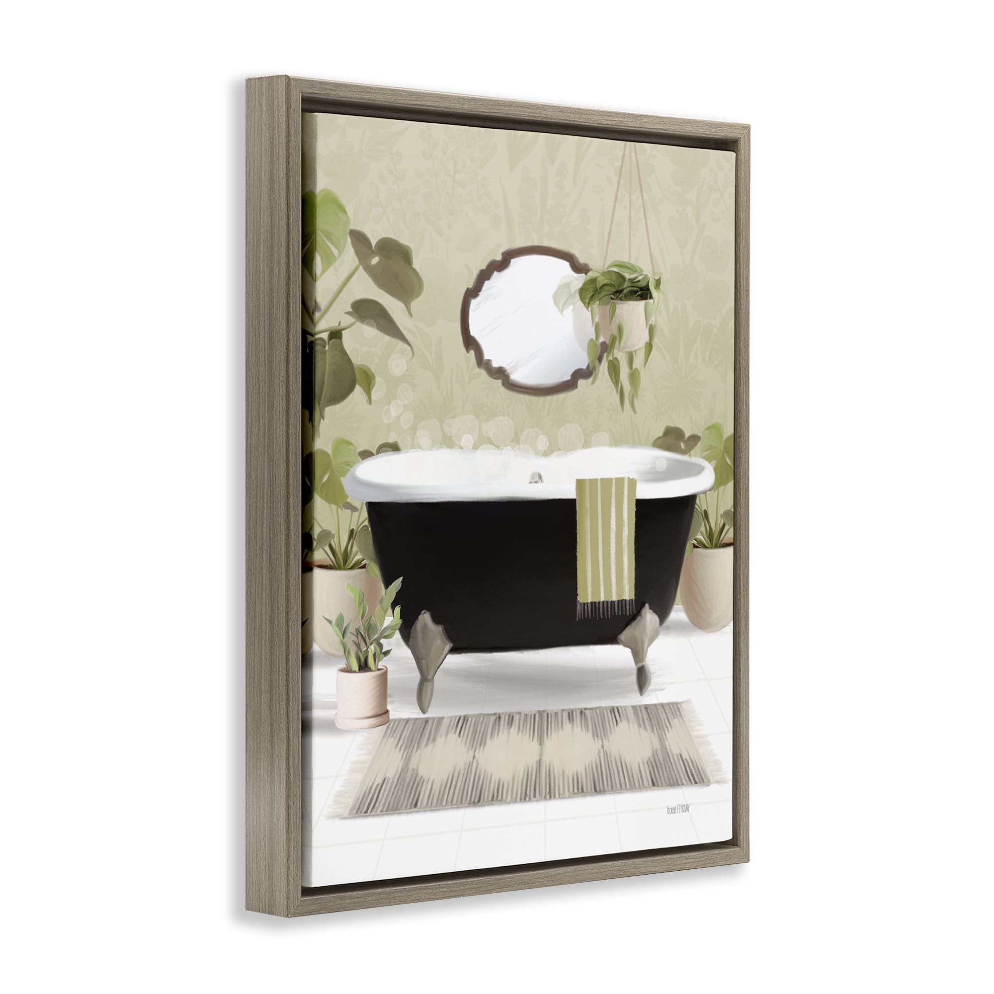 Stupell Industries Relaxing Bathroom Tub Bath & Laundry Painting Brown Floater Framed Canvas Art Print Wall Art, 17 x 21