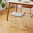 thumbnail image 5 of Saddle Cushion Vanity Stool Chair, Foot Rest Stool with Solid Wood Legs, Modern Vanity Bench Ottoman for Piano, Upholstered Seat for Bedroom, Entryway, White Legs&Light Linen, 5 of 17